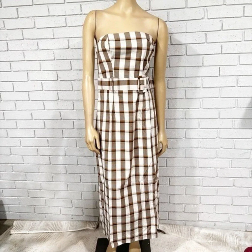 Anthropologie Maeve Women's Belted Square-Neck Strapless Plaid Dress - Size XL - Picture 2 of 12